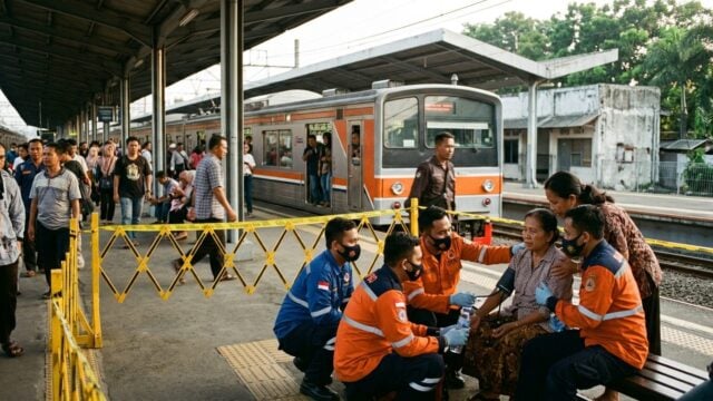 Stasiun Jurangmangu dengan petugas KAI Commuter mengevakuasi penumpang setelah insiden tertemper