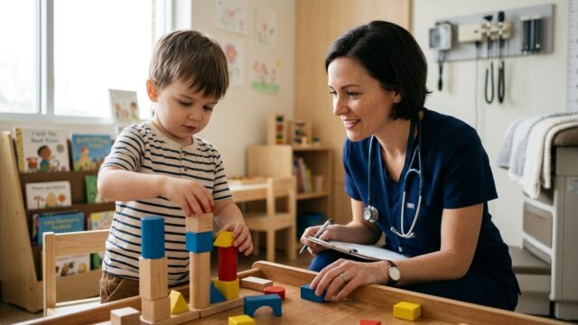 Dokter spesialis anak melakukan pemeriksaan tumbuh kembang pada balita