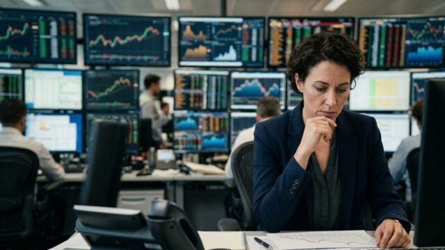 Layar grafik pasar keuangan dan analisis ekonomi di kantor