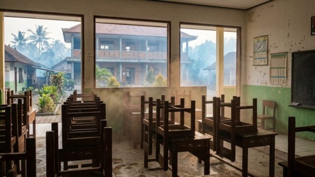 Ruang kelas kosong dengan asap karhutla terlihat di latar belakang, menggambarkan dampak kebakaran hutan terhadap sektor pend