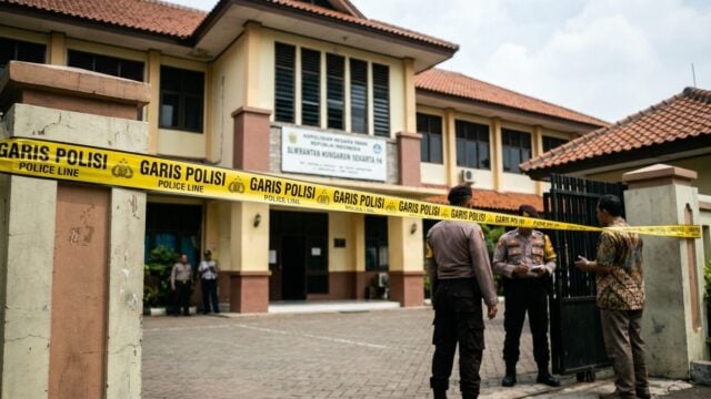 Garis polisi terpasang di lokasi temuan 995 senjata di sekolah Jaksel