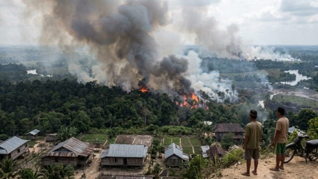 Kebakaran hutan di Kalimantan menghasilkan asap tebal yang menutupi langit, menurunkan jarak pandang hingga 1,4 kilometer