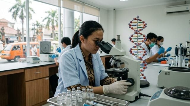 Vaksin kanker mRNA Moderna Merck dalam vial dengan latar laboratorium medis