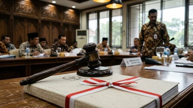 Palu sidang parlemen di atas meja kayu membahas usulan Pilkada Tanpa Wakil