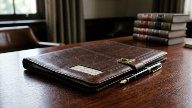 Dokumen hukum di atas meja kayu milik pengacara Nicholas Abaza