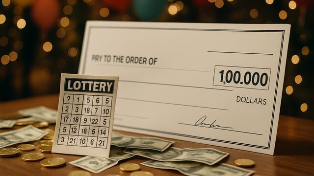 Tiket lotre Big Ticket Abu Dhabi pemenang hadiah utama Dh20 juta dengan latar belakang perayaan