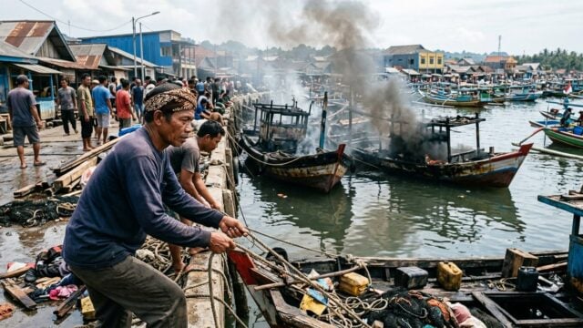Suasana pasca kebakaran di kawasan Pelabuhan Perikanan Karangsong, Indramayu