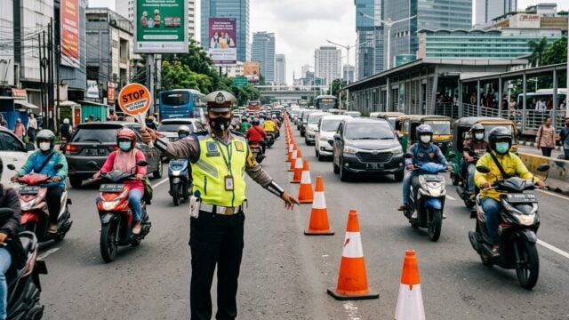 Petugas kepolisian mengatur lalu lintas di jalan protokol Jakarta