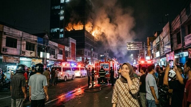 Suasana lokasi kebakaran Gedung Bapenda DKI Jakarta yang dijaga aparat