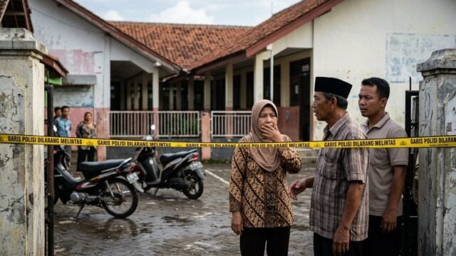 Polisi melakukan olah TKP di sekolah tempat ditemukannya 955 senjata