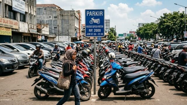 Deretan mobil yang terparkir di area parkir umum Jakarta di bawah terik matahari