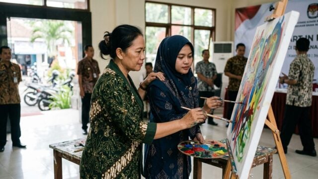 Pramono Anung dan AHY membuat goresan pada kanvas bersama saat membuka Pameran Lukisan SBY Art Community 2026 di Taman Ismail