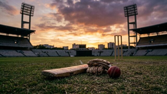 Peralatan olahraga kriket di lapangan hijau stadion saat senja