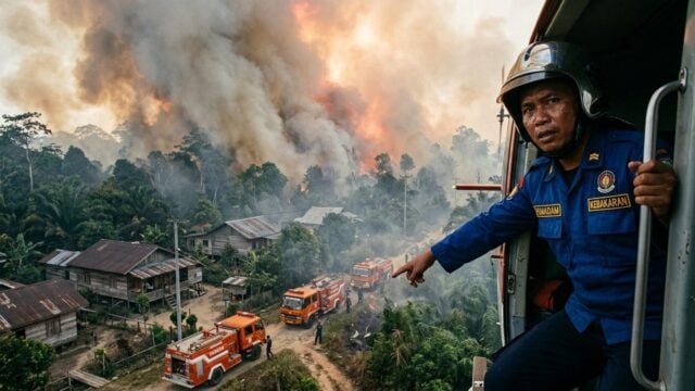Kebakaran hutan Kalimantan dengan asap tebal mencakup permukiman dan area pertanian di tengah musim kemarau El Niño 2026
