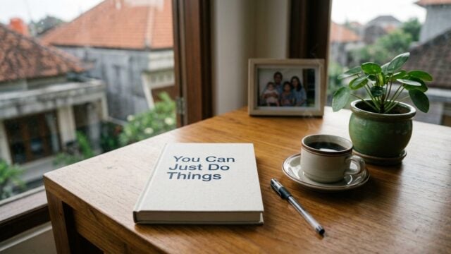 Buku You Can Just Do Things karya Cate Hall di atas meja kayu