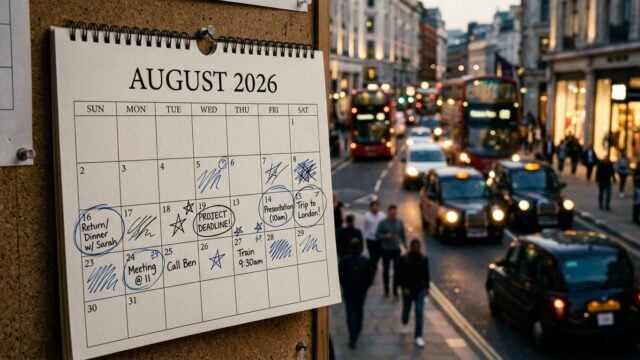 Kalender bulan Agustus 2026 dengan latar belakang aktivitas layanan publik Jakarta