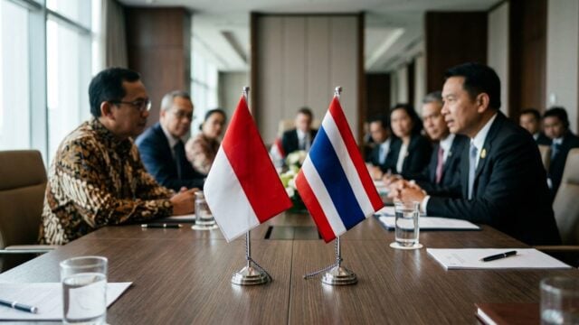 Bendera Indonesia dan Thailand dalam pertemuan bilateral di Istana Merdeka