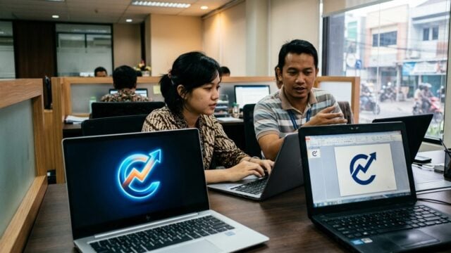 Perbandingan tampilan logo HDR yang sangat terang dengan logo standar di layar laptop