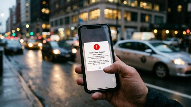 Notifikasi deaktivasi akun Uber di layar ponsel dengan simbol peringatan digital merah