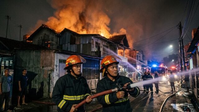 Petugas pemadam kebakaran menyiram rumah-rumah yang terbakar di Kebayoran Lama, Jakarta Selatan, Rabu malam 23 September 2026