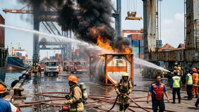 Api berkobar di ISO tank container di Pelabuhan Tanjung Priok, Jakarta Utara, dengan asap tebal membubung tinggi saat operasi