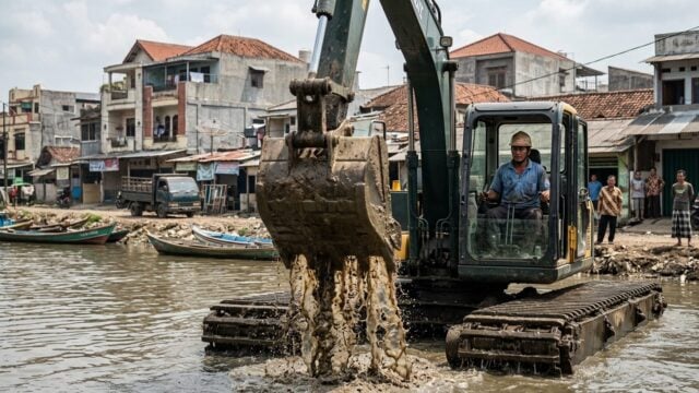 Alat berat excavator amfibi melakukan pengerukan dan pelebaran Sungai Pekapuran di Banjarmasin Tengah