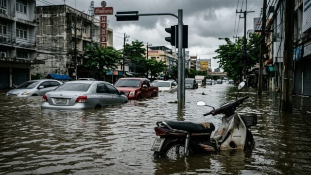 Jalan Bangkok terendam banjir dengan kendaraan terendam air keruh, lampu lalu lintas nyaris tenggelam
