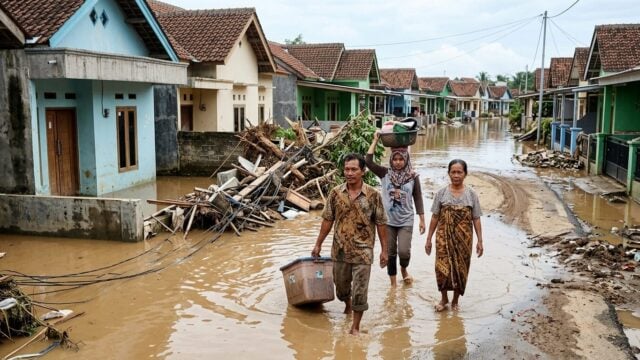 Banjir merendam permukiman warga dan lumpur membanjiri Jalan Trans Sulawesi di Parigi Moutong setelah tanggul jebol