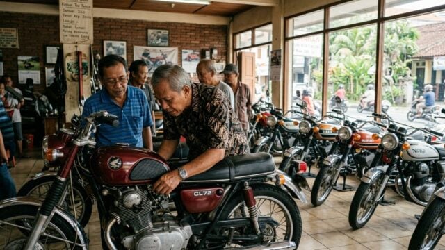 Sepeda motor bekas display di showroom dengan kolektor memeriksa detail unit langka