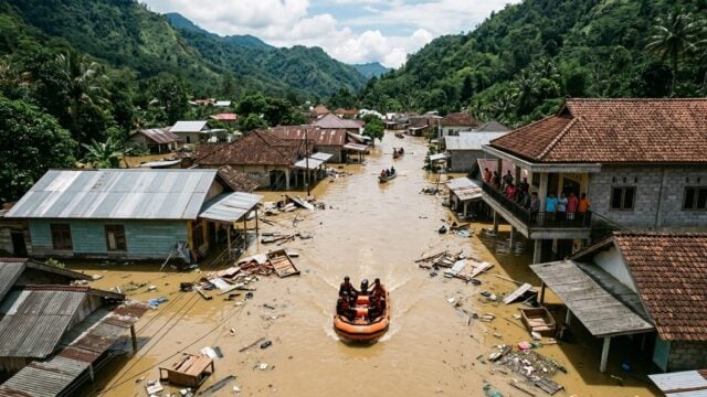 Dampak banjir bandang di Kabupaten Solok, Sumatra Barat, dengan air deras menutup jalan utama dan kawasan pemukiman terendam
