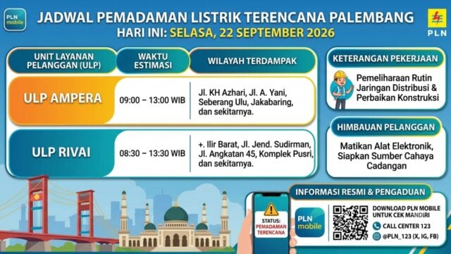 Jadwal Pemadaman Listrik Palembang Hari Ini 22 September 2026