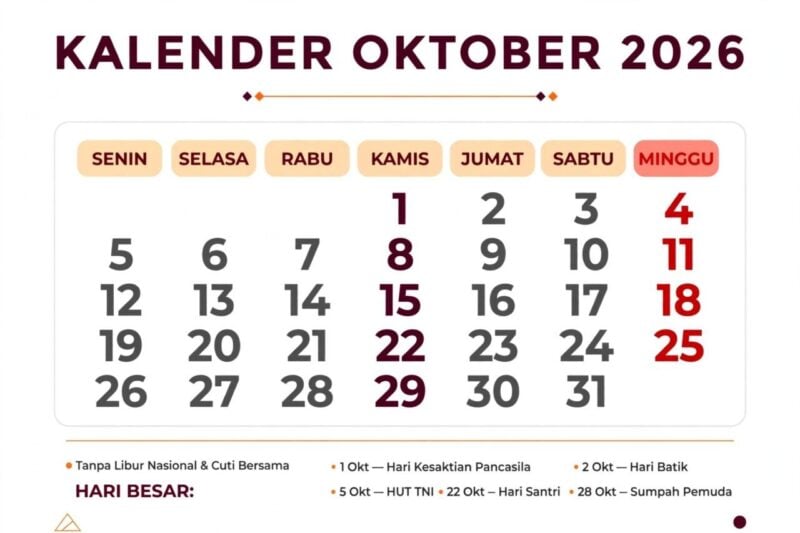 Kalender Oktober 2026 Lengkap