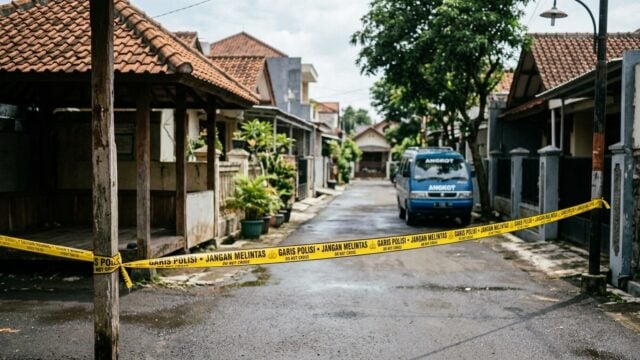 Mobil damkar dengan sirene merah melayani kebakaran apartemen teluk intan di penjaringan jakarta utara pada malam hari