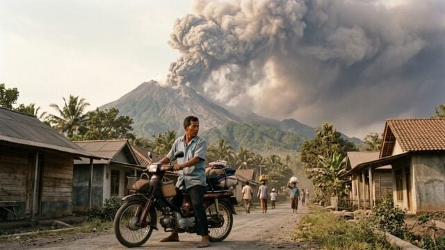 Kolom abu Gunung Semeru erupsi membentang ke arah timur pada 20 September 2026, ketinggian mencapai 200-800 meter