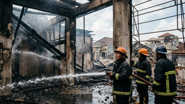 Kondisi lantai tiga Hamzah Batik Malioboro Yogyakarta yang hangus terbakar akibat kebakaran dini hari Senin 28 September 2026