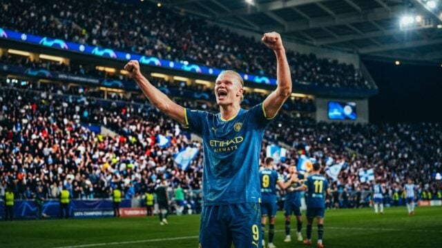 Erling Haaland merayakan gol kemenangan Manchester City di Liga Champions