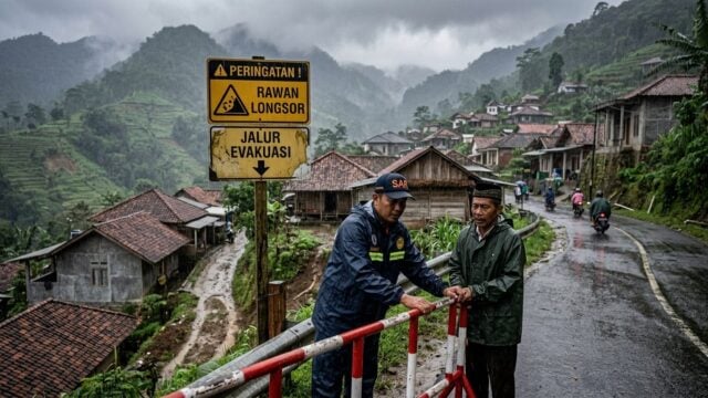 Hujan deras turun di wilayah berbukit Cianjur, Jawa Barat, dengan potensi longsor dan banjir