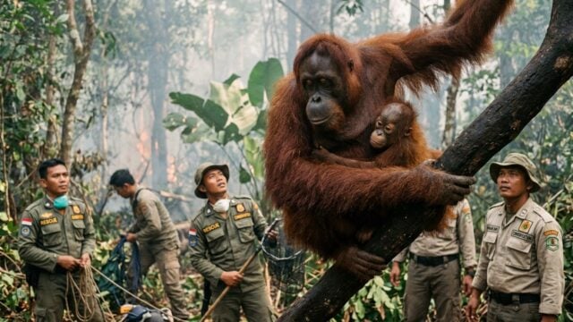 Induk orangutan memeluk anaknya saat dievakuasi dari lahan kebakaran hutan di Ketapang Kalimantan Barat