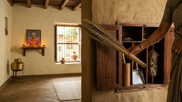 Penempatan sapu di tempat penyimpanan khusus sesuai prinsip Vastu Shastra untuk menjaga energi positif rumah