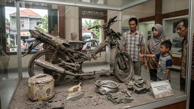 Kerangka motor tertutup abu vulkanik di Ruang Pamer Museum Geologi Bandung menampilkan jejak erupsi Merapi 2010