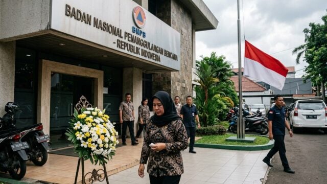 Kantor BNPB dengan bendera Indonesia berkibar, menandakan duka cita atas meninggalnya Deputi Jarwansah