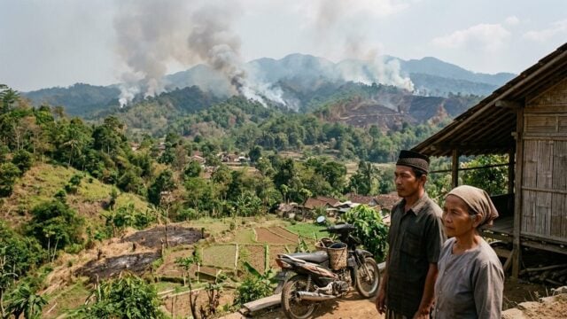 Kepulan asap tebal membubung dari lereng Gunung Argopuro saat tim gabungan melakukan pemadaman kebakaran di Jawa Timur