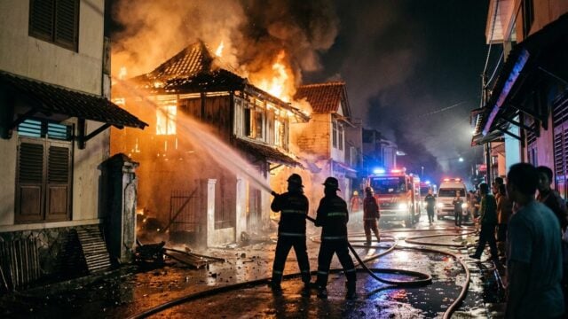 Petugas damkar memadamkan api yang menghanguskan rumah-rumah di Kebayoran Lama, Jakarta Selatan