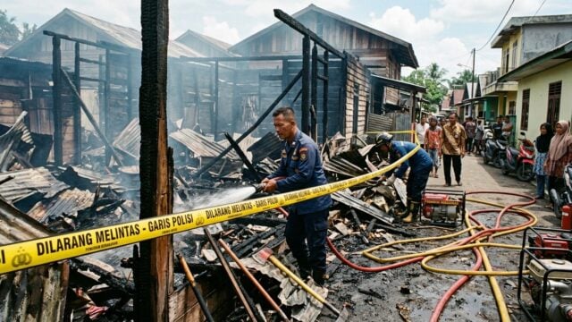 Rumah-rumah yang hangus akibat kebakaran di Kebayoran Lama dengan perlengkapan pemadam kebakaran