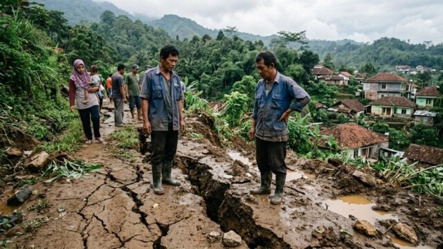 Kondisi tanah yang retak dan rawan longsor di wilayah Cianjur saat musim kemarau berakhir