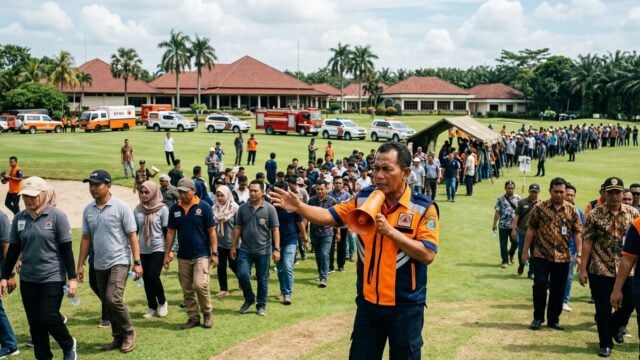 Ratusan peserta simulasi bencana banjir berkumpul di Lapangan Golf Rantau sambil diatur oleh petugas darurat
