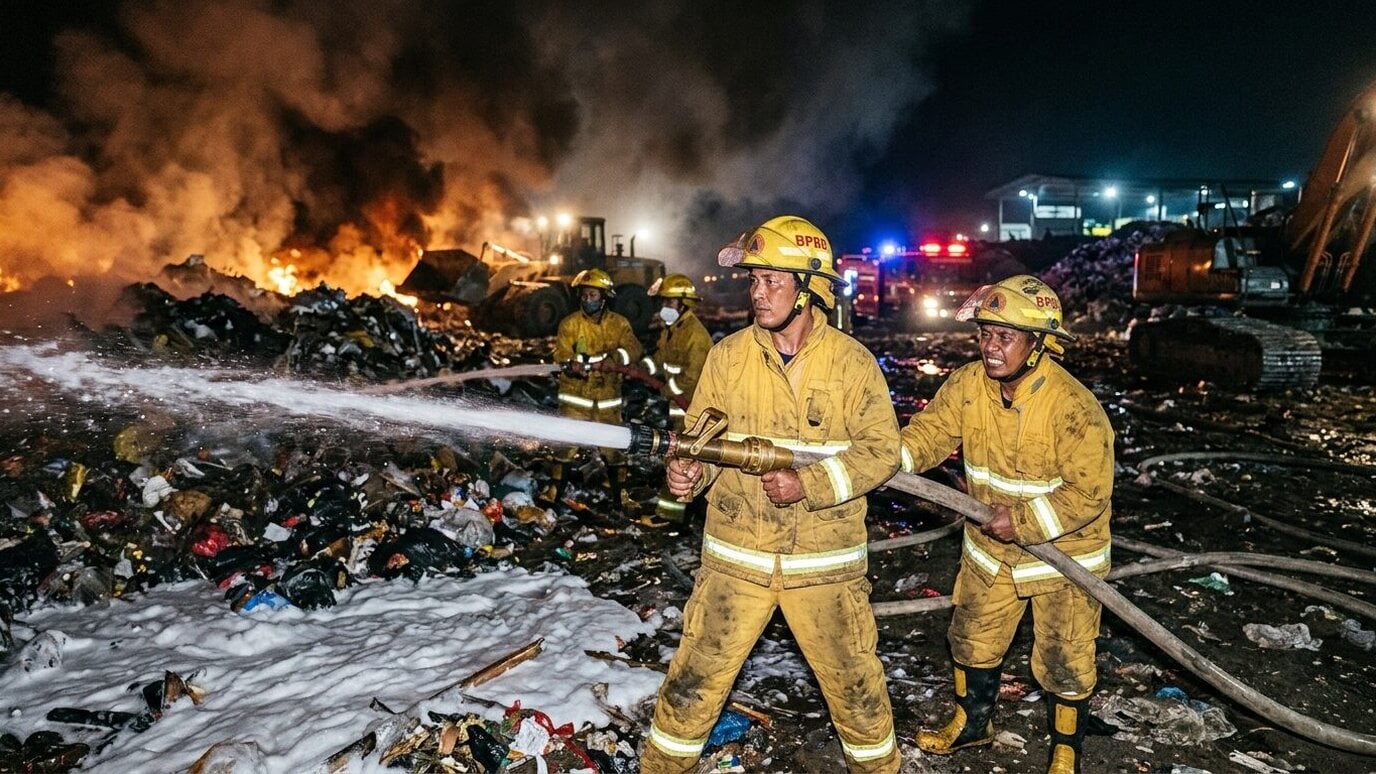 Petugas Berjibaku Padamkan Kebakaran TPA Jatibarang Semarang