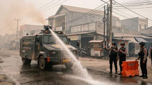 Kendaraan Armored Water Cannon Brimob Polda Metro menyemprotkan air ke wilayah tercemar abu vulkanik di Jakarta saat operasi