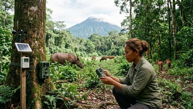 Sistem pemantauan terpadu di Ujung Kulon dengan kamera jebak, stasiun cuaca, dan peralatan geofisik untuk merekam perilaku sa