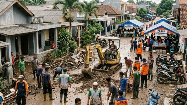 Area perumahan Solok yang terdampak banjir bandang dengan material lumpur menggenangi jalan, tim pembersihan dan petugas daru